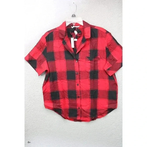 Victoria's Secret Pajama Top-Red and Black Plaid-Medium-Matching Scrunchie-New - Picture 1 of 10
